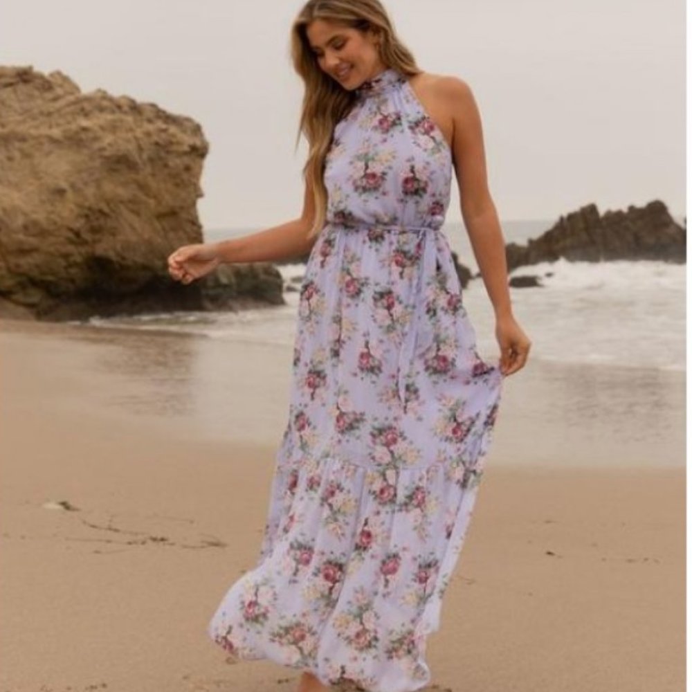 VICI Sure Thing Floral Chiffon Halter Maxi Dress Blue (NWT)